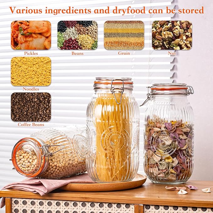 Amzcku Wide Mouth Vintage Mason Jars with Airtight Lid 64oz 2 Quart, Canister Quart Jars for Kitchen Storage - for Coffee, Sugar, Beans 3 Pack