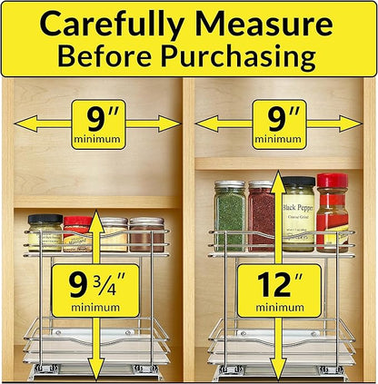 LYNK PROFESSIONAL® Pull Out Spice Rack Organizer for Inside Kitchen Cabinets - 8-1/4 inch Wide - Slide Out Drawer – Chrome Sliding Spice Cabinet Organization Shelf Racks - 2 Tier