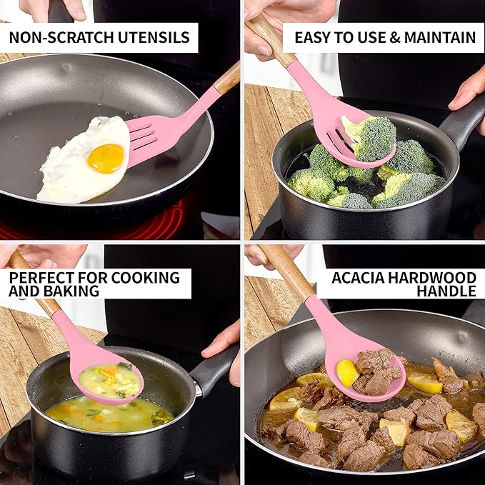 Zulay Kitchen Non-Stick Cooking Utensils Set with Authentic Acacia Wood Handles – 5-Piece Durable & Stylish Silicone Kitchen Utensils Set – Heat Resistant to 464°F – Pink