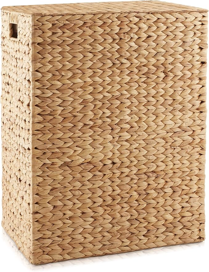 Casafield Large Laundry Hamper with Lid and Removable Liner Bag - Natural, Woven Water Hyacinth Rectangular Laundry Basket Sorter for Clothes and Towels