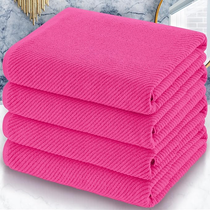 Hot Pink Bath Towels (4PC Large, 30"x56") - 100% Cotton | Quick Dry | Light Weight | Thick | Soft | Absorbent, Luxury Shower Towels with Hanging Loops, Towel Gift Set, Hot Pink Bathroom Accessories