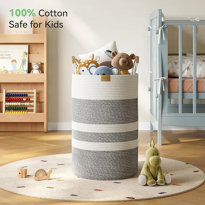 75L Striped Laundry Hamper with Leather Handles,Large Foldable Laundry Basket for Clothes,Cotton Rope Storage Bin for Blankets,Woven Clothes Basket for Bedroom,Gray Stripes
