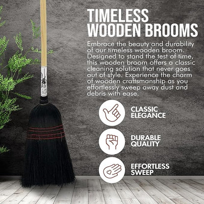 Handmade Amish Corn Broom with Wooden Handle – 57" Heavy Duty Broom for Courtyard, Lobby & Market, 100% Corn Fill Straw Broo'm, 4 Sews Indoor & Outdoor Bristle for Sweeping - Black
