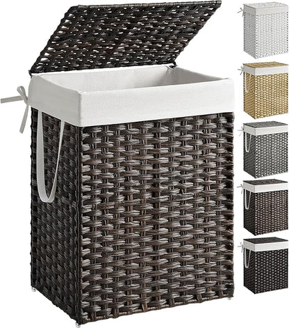 SONGMICS Laundry Hamper with Lid, 23.8 Gallon (90 L) Synthetic Rattan Clothes Laundry Basket with Lid and Handles, Foldable, Removable Liner, Chestnut Brown ULCB051K02