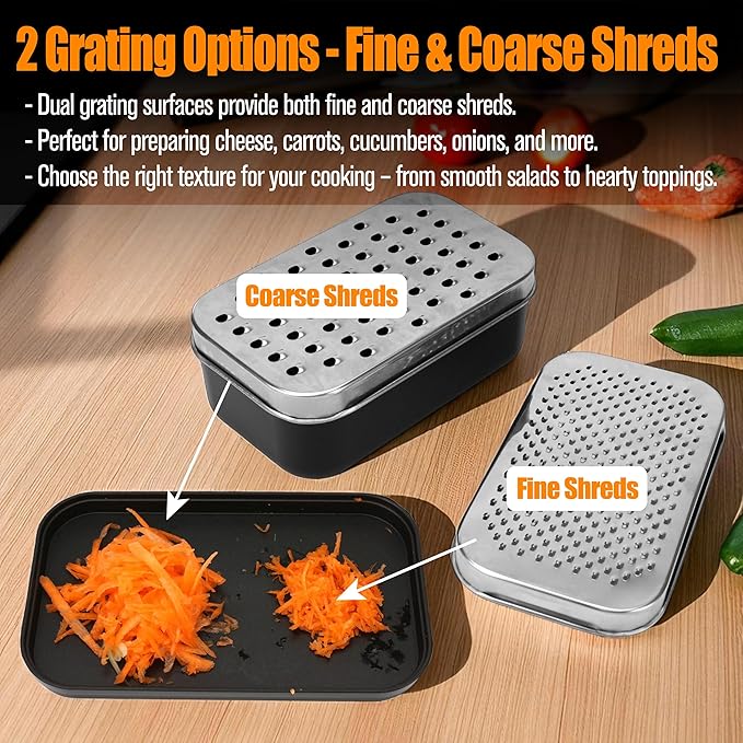 2 In 1 Cheese Grater with Container and Lid Metal Handheld with Storage Box Stainless Steel – Citrus Lemon Zester, Fruit Vegetable Onion Choppers, Airtight Includes Hand Peelers, Grinder, Shredder