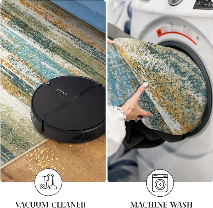 Modern Abstract Runner Rug 2.6x14, Green Mustard Multi Washable Long Kitchen Runner Non-Slip Soft Hallway Rug Runner Thin Print Faux Wool Carpet for Entryway Bedroom Laundry Room Indoor