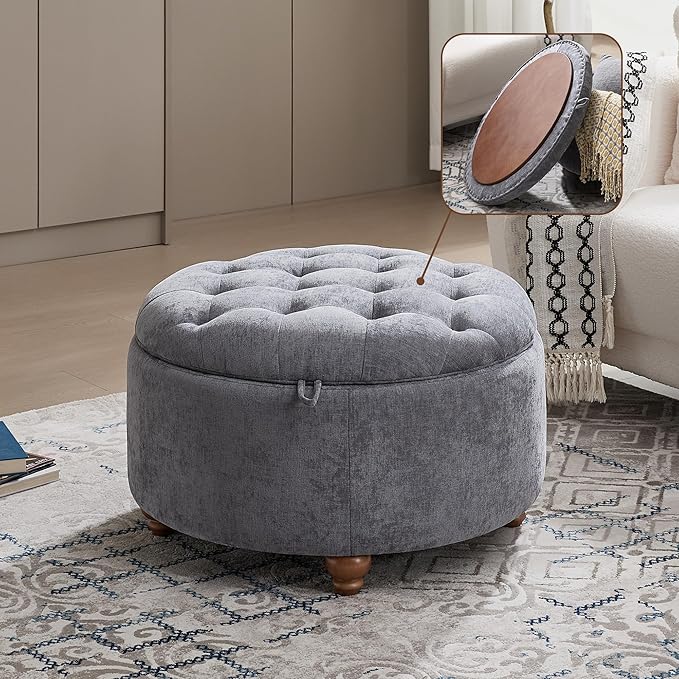 30Inch Round Storage Ottoman with Tray, Modern Tufted Circle Coffee Table with Storage, Upholstered Ottoman with Removable Top for Living Room, Bedroom, Chenille Blue