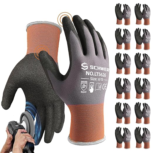 Schwer 12 Pairs Safety Work Gloves with Sandy Nitrile Coating LT5626, Max Abrasion Resistance Heavy Duty Gloves with Grip for Men and Women, Ideal for General Use, Mechanic, Construction, Gardening, S