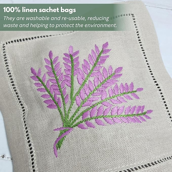 Hcraft Hand Embroidered Lavender Sachet Bags, 6"x6" Set of 3 Embroidery Natural Linen, Lavender Sachets for Drawers and Closets, Dried Lavender