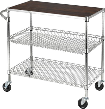 Finnhomy 3 Tier Heavy Duty Commercial Grade Utility Cart with Wood Top, Wire Rolling Cart with Wheels and Handle Bar, Kitchen Carts on Wheels, 18x36x35.4 H Metal Cart with 600 LBS Capacity, Chrome