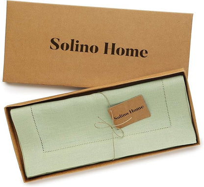 Solino Home Linen Sage Green Table Runner 144 Inches Long - 100% Pure Linen Extra Long Table Runner 14 x 144 Inch for Christmas, New Year - Classic Hemstitch