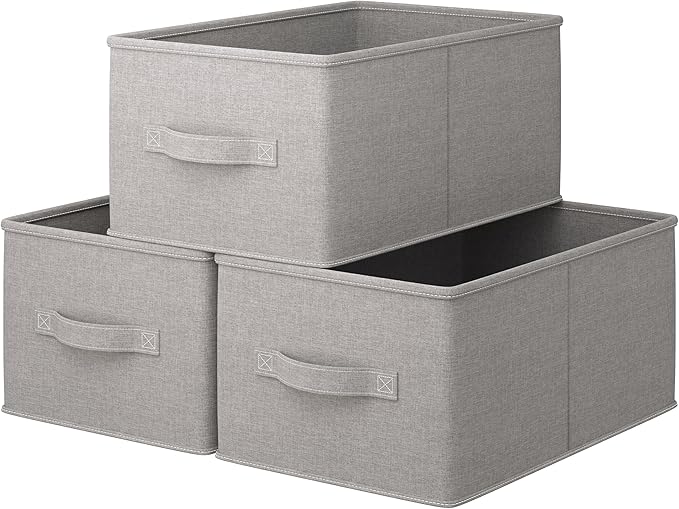 3 Pack Fabric Storage Bins for Shelves | 16.25x12x10in Closet Storage Baskets | Collapsible Storage Bins |Fabric Closet Organizers with Handles | Grey