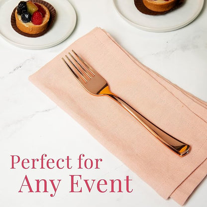 Prestee Set of 100 Rose Gold Plastic Forks Disposable - 7-in Heavy-Duty Fork Flatware - Bulk Pack Fancy Silverware - Sturdy Pink Cutlery for Weddings, Birthday Parties, Buffets, Catering and Events
