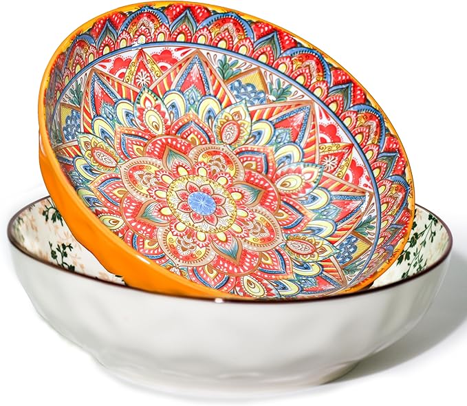 75 Oz Serving Bowls,Bohemian Style Large Porcelain Dishes for Entertaining Parties,Big Bowls for Eating Soup, Salad, Pasta, Fruit, Chips, 10.3 Inch Diameter (orange Beige)