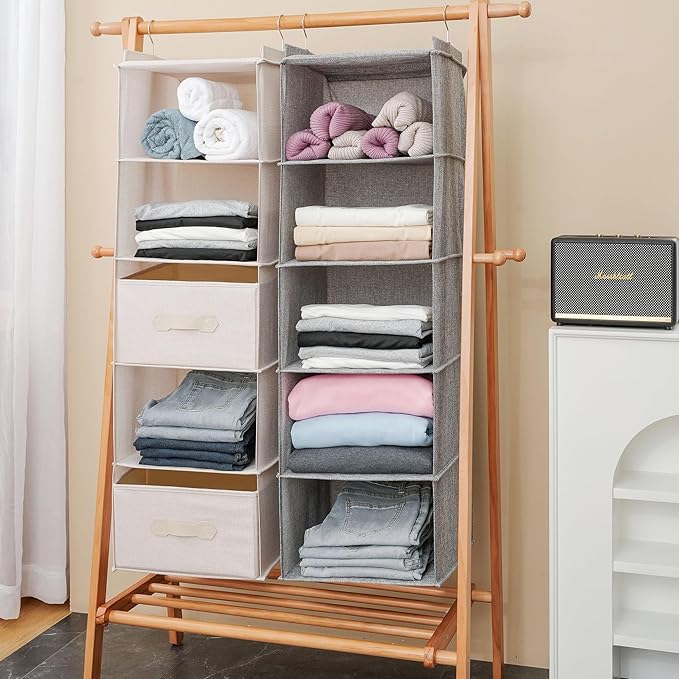 Large Hanging Sweater Organizer for Closet,Collapsible 6-Shelf Hanging Closet Shelves with Drawers, Washable (Beige -2 d)