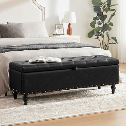 51.8’’ Storage Ottoman Bench, Faux Leather Ottoman with Storages, Window Benches Holds up to 330lbs, Upholstered Storage Bench for Bedroom, Living Room, Entryway and Family Room, Black