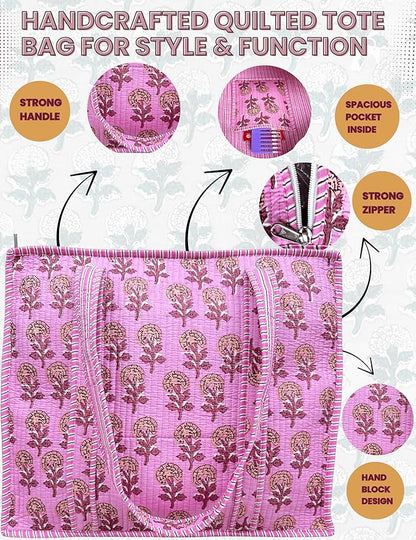 Cotton Quilted Tote Bag for Women – Large Beach & Travel Tote with Zipper, Reusable Grocery Bag