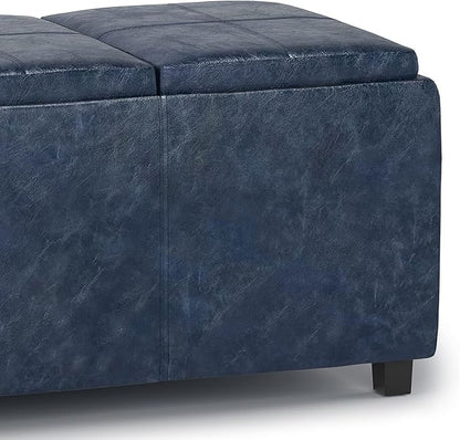 SIMPLIHOME Avalon 42 inch Wide Contemporary Rectangle Storage Ottoman in Denim Blue Vegan Faux Leather, Assembled, for the Living Room, Entryway and Family Room