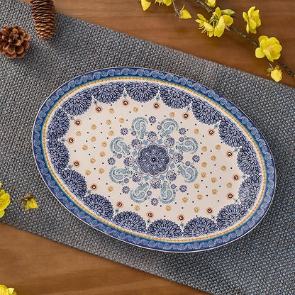 Bico Blue Talavera 16 plus 14 inch Oval Platters Set, Set of 2, Microwave and Dishwasher Safe, for Serving Fish, Chicken, Turkey