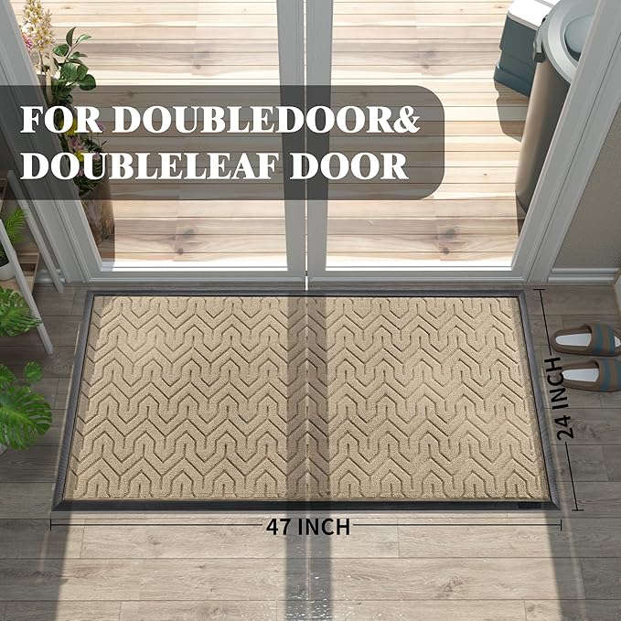 Yimobra Large Door Mat Outside Entrance 47x24, Waterproof Heavy Duty Outdoor Mats for Front Door, Non Slip Rubber Entry Mat for Garage Patio, Easy Clean, Light Beige