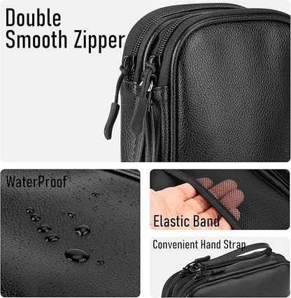 Leather Travel Electronic Organizer - Double Layer, Waterproof Case for Cables, Chargers, Phones & More - Portable, Shockproof Pouch for All Your Electronics Accessories (Black, M)