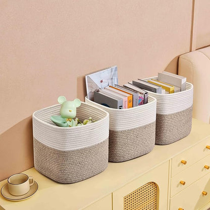3 Pack Storage Cubes 11 Inch Cotton Rope Woven Baskets for Organizing Cube Bin Square Shelves Organizer,Classroom,Kids Toy Bins,Closet,Baby Nursery(Brown)