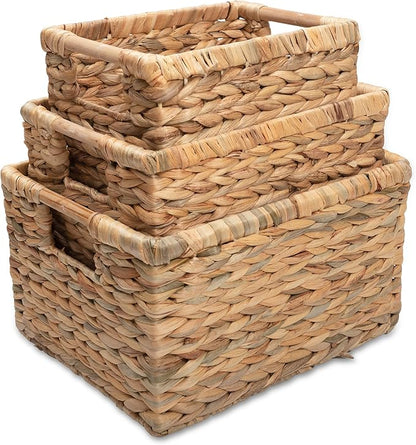 Water Hyacinth Storage Baskets with Wooden Handles, Rectangular Woven Organizer Bins for Closet, Pantry, Bathroom, or Shelves, Natural Decorative Storage Baskets for Home Organization – Set of 3