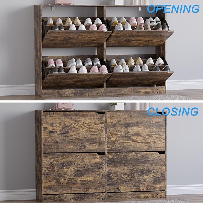 Shoe Cabinet with 4 Flip Drawers, Narrow Hidden Shoe Storage Cabinet, Slim Freestanding Shoe Rack Organizer for Entryway, Hallway, Bedroom, Living Room