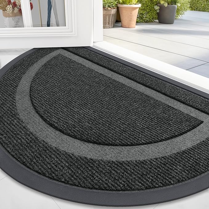 OLANLY Half Circle Door Mat Indoor Outdoor Entrance Welcome, Waterproof All-Season, All-Weather Doormat, Sturdy Natural Rubber, Low Profile, Easy Clean Patio Porch Entryway Mat, 59x23, Black