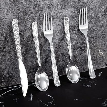 300Pieces Silver Plastic Silverware - Hammered Disposable Utensils - Heavy Duty Plastic Cutlery Set Includes 100 Forks, 100 Spoons, 100 Knives for Dinner Parties Weddings