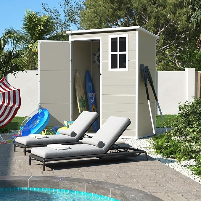 UDPATIO Outdoor Storage Shed 5x3 FT, Plastic Garden Shed for Bike, Garbage Can, Tool, Outside Sheds & Outdoor Resin Shed with Lockable Door for Backyard, Patio, Lawn, Sandstone