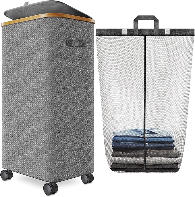 Laundry Hamper with Wheels,29 Gal (110L) Laundry Basket with lid Rolling Clothes Hamper Foldable Dirty Clothes Basket on wheels with Bamboo Frame and Bag for Bedroom, Dorm, Laundry Room-Grey