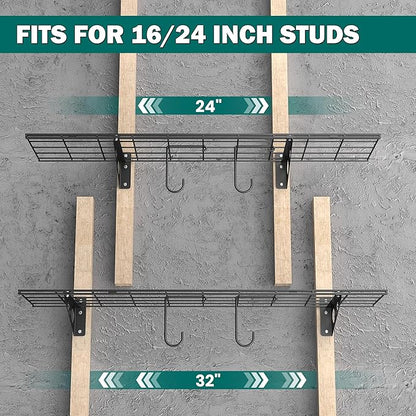 EVERHANGER Garage Wall Shelves, 12 X 48 Inch Wall Mounted Storage Shelves, Heavy Duty Metal Shelving with Hooks, 2 Pack, Black