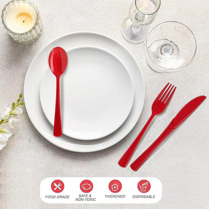 300 Pieces Christmas Red Plastic Silverware Heavy Duty Plastic Cutlery Set Heavyweight Disposable Flatware Includes Spoons Forks Knifes for Party Prom Night Wedding Dinner