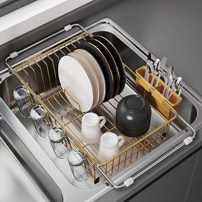 JASIWAY Sink Dish Drying Rack, Expandable Stainless Steel Dish Rack Over Sink, Kitchen Sink Drain Strainer with Cutlery Holder & Cup Holders, Space Saving Plates Dryer Rack, Gold
