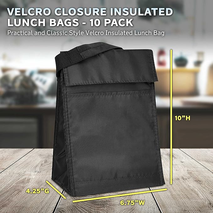 DISCOUNT PROMOS 10 Hook and Loop Insulated Lunch Bags Set - Polyester, Durable, Vibrant, Reusable - Black