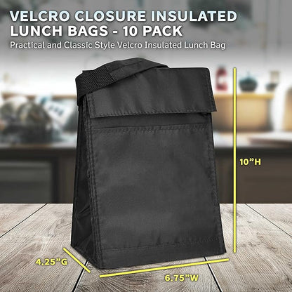 DISCOUNT PROMOS 10 Hook and Loop Insulated Lunch Bags Set - Polyester, Durable, Vibrant, Reusable - Black