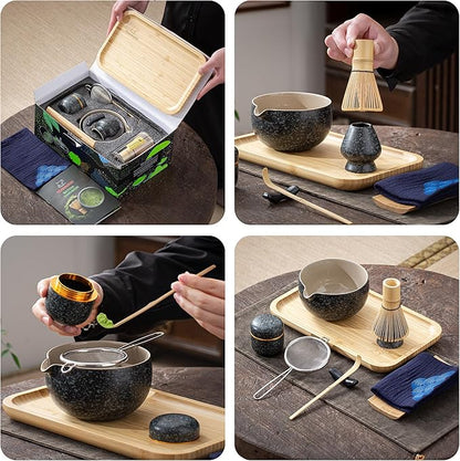 TEANAGOO Matcha Whisk Set,10 Pcs Complete Set Black,Matcha Kit for Ceremony,Matcha Tea Set with Tray,Matcha Whisk Set and Ceramic Bowl with Scoop&Sifter&Powder Jar,Gift for Matcha Lover