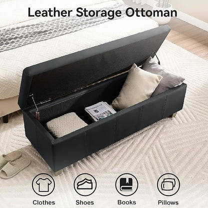 51" Faux Leather Storage Ottoman, Stitch Tufted Rectangle Upholstered End of Bed Storage Bench, Entryway Large Couch Ottoman with Wooden Legs, Dark Black