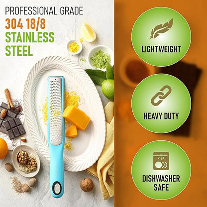 Spring Chef Premium Lemon Zester Grater with Handle - Fruits, Garlic, Chocolate, Nutmeg, Ginger Grater - Heavy Duty Kitchen Tool - Stainless Steel Citrus Zester with Blade Cover - Fine Shred, Aqua Sky