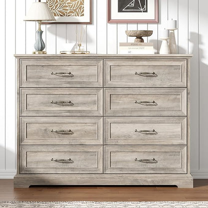 8 Drawer Dresser for Bedroom, 47" Wide Wooden Chest of Drawers, Rustic Farmhouse Dresser with Large Drawers & Metal Handles, Modern Storage Organizer for Closet, Living Room, Hallway, Grey