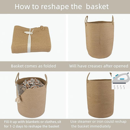 Cotton Rope Laundry Basket Hamper for Clothes Woven Storage Basket for Living Room Bedroom Boho Tall Rope Baskets for Blanket Toys Pillow Towels Baby Nursery Hamper Bin Large jute