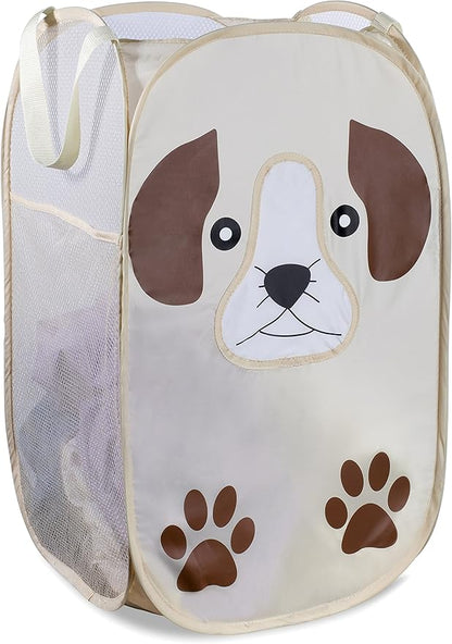 Handy Laundry Collapsible Mesh Pop-Up Hamper with Wide Opening and Side Pocket - Breathable, Sturdy, Foldable, Space-Saving Design (Puppy)