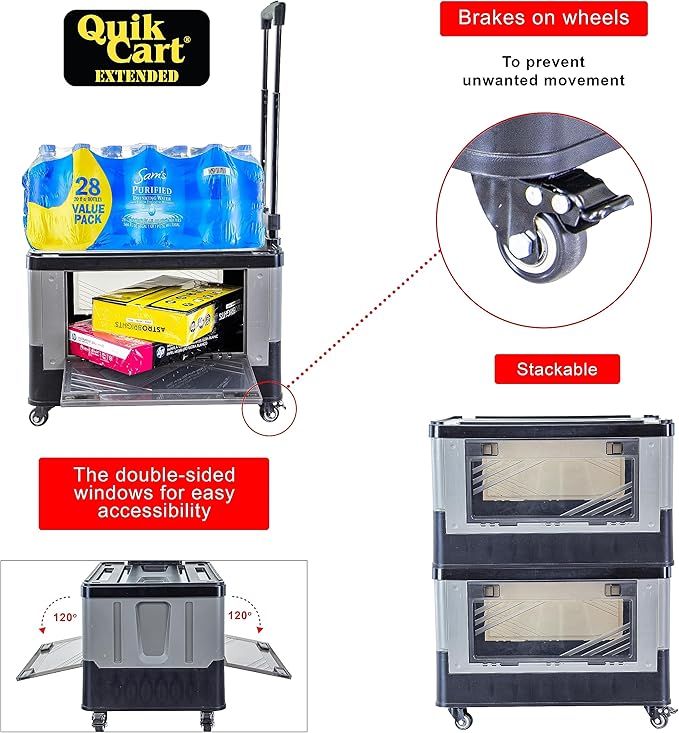 dbest products Quik Cart Extended Four Wheeled Rolling Crate Teacher Utility with seat Dual Accessible Doors Heavy Duty Collapsible Basket with Two Position Handle