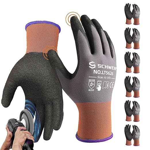 Schwer 6 Pairs Safety Work Gloves with Sandy Nitrile Coating LT5626, Max Abrasion Resistance Heavy Duty Gloves with Grip for Men and Women, Ideal for General Use, Mechanic, Construction, Gardening, XS