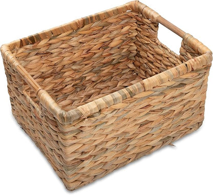 VATIMA Large Rectangular Wicker Basket with Wooden Handles for Shelves and Storage - Natural Water Hyacinth Basket for Organizing, 14.5 x 10.3 x 7.5 inches