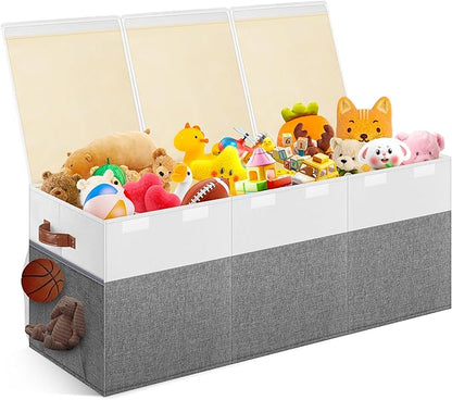 Extra Large Toy Storage Box with Lid, Collapsible Sturdy Toys Chest Storage Organizer Bin Basket with Divider for Kids, Boys, Girls, Closet, Playroom, Bedroom, Nursery, 40"X14"X16", Gray & White