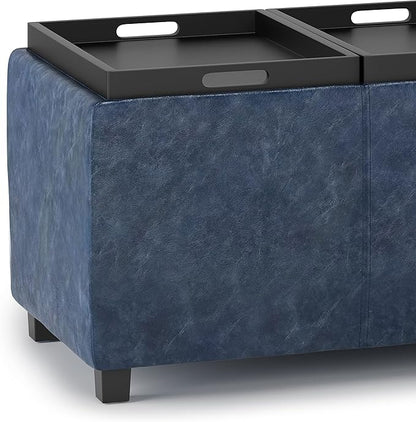SIMPLIHOME Avalon 42 inch Wide Contemporary Rectangle Storage Ottoman in Denim Blue Vegan Faux Leather, Assembled, for the Living Room, Entryway and Family Room