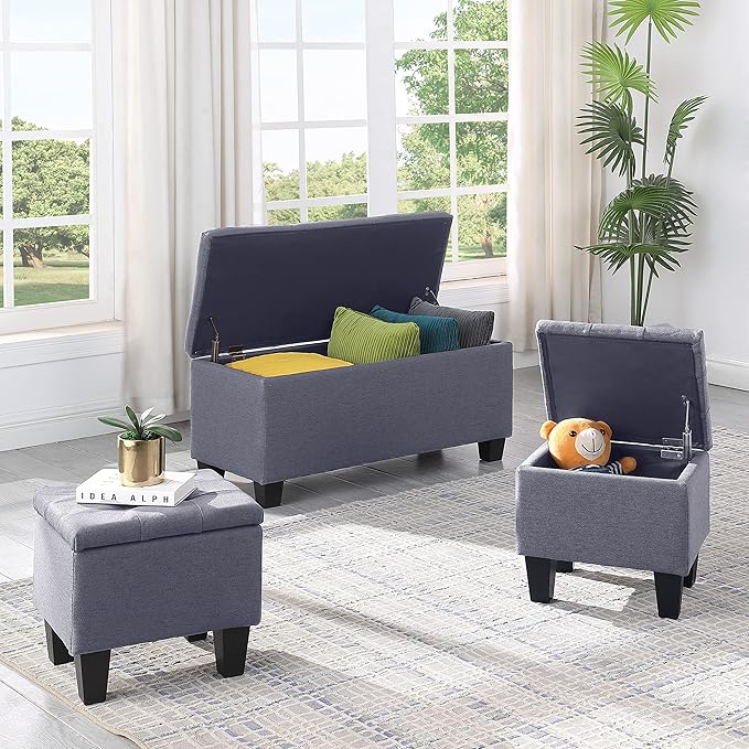 Hinged Storage Ottoman Set of 3, 38'' Living Room Storage Bench with Thick Seating, 2pcs Small Square Dorm Stool Couch Side Foot Rest