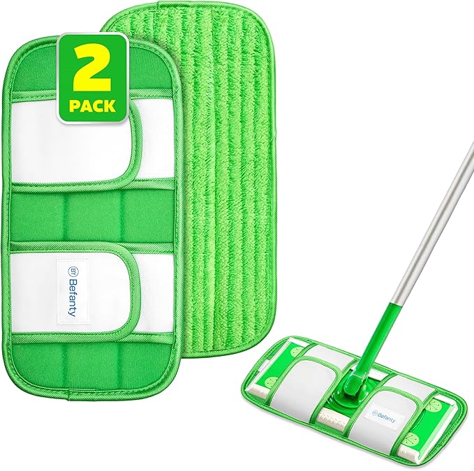 2 Pack Reusable Microfiber Mop Pads, Compatible with Swiffer Sweeper, Machine Washable Cloths, Refills for All Floor Cleaning, Hook and Loop, Wet Dry - 10"- 12"